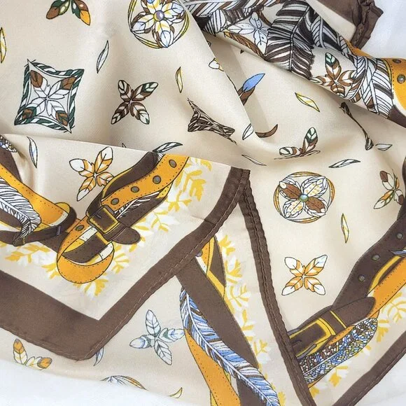 Elegant Silky Square Scarf Beige Feather Floral Print Luxury Versatile Luxurious - Picture 3 of 5